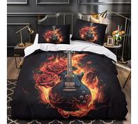 Electric guitar 3D Digital Print Comforter Cover 3-Piece Premium Microfibre Stain-Resistant Rock flame Quilt Cover 2 Pillow Shams Zippered Closure Bed Ensemble Family & Guests Super king（260x220cm）