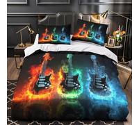 Electric guitar 3D Digital Print Duvet Cover 3pc Premium Microfibre Easy Care Soft flame effect design Quilt Cover 2 Pillowcases Concealed Zipper Bedding Set Couples & Families Super king（260x220cm）