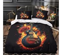 Electric guitar 3D Printing Comforter Cover 3pcs Ultra-Soft Microfibre Skin-Friendly Rock flame Quilt Cover 2 Pillow Shams Zippered Closure Machine Washable Kids & Teens Super king（260x220cm）