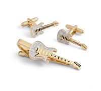 Electric Guitar Cufflinks and Tie Bar Set for Men - Onyx Art TBC37 Gold-Tone 3D Cuff Links with Matching Tie Clip, Guitarist & Rock Fan Novelty Gift, In Premier Life Packaging