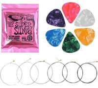Electric Guitar Strings 6 Pcs Super Slinky Guitar Strings 9-42 Gauge with 6 Guitar Pick Plectrums Design Electric Guitar Strings Suitable Brilliant Sound Strings for A Wide Range of Musical Styles