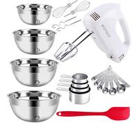 Electric Hand Mixer, 5-Speeds Handhold Mixers with Egg Whisks Beaters Attachments, 6 Stainless Steel Mixing Bowls, Metal Measuring Cups and Spoons Kitchen Mixer Blender for Baking Supplies & Prepping