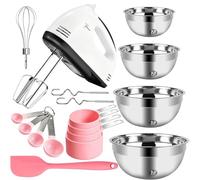 Electric Hand Mixer Baking Set with 7 Speeds, 4 Stainless Steel Mixing Bowls, Measuring Cups & Spoons, Silicone Spatula - Complete 180W Handheld Whisk for Cakes, Dough & Everyday Baking