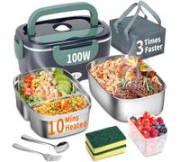 Electric Heated Lunch Box 100W - 3-IN-1 Fast Heating Lunch Boxes Portable for Adults, 12V/24V/220V with 2 Pack Containers (Single & Compartment) for Car Truck Office (3 Times Faster), NavyGreen