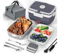 Electric Heated Lunch Box for Men - 2L 90W Double Layer Portable Food Warmer for Adults 12V/24V/110V/220V Fast Heating for Work Food Heater for Car&Truck 304 Stainless Steel(gray)
