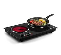 Electric Hob, CUSIMAX Double Hot Plate for Cooking Electric Infrared Burner | Portable Ceramic Cooktop with Dual Temperature Control/2400W/Works with All Cookware/Heat-Up in Seconds/Stainless Steel/Black