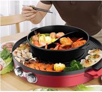 Electric Hot Pot & Grill Combo with Dual Temp Control | Dual independent heating zones with a divider let you boil and grill at the same time without mixing flavors.