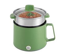 Electric Hot Pot with Stainless Steel Steamer, 1.7L Non Stick Mini Multifunctional Cooker, 2 Layers Rapid Noodles Cooker with Over Heating Boil Dry Protection, Green, for Soup Porridge Dumplings Eggs