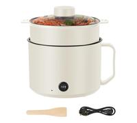 Electric Hot Pot with Steamer and Wooden Shovel, 1.8L Non Stick Ramen Cooker, 2 Gear Rapid Noodles Cooker with Overheat Boil Dry Protection for Pasta Dumpling Soup Steak(Beige White)