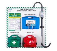 Electric & Hybrid Vehicle Emergency First Aid Station with 1kV Rescue Hook, First Aid Kit, Burns Kit, HF Gel & Battery Spill Kit for EV Workshops