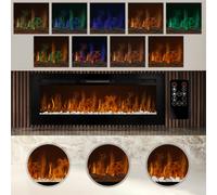 Electric Wall Mounted Inset LED Black Fireplace Free Standing 50" 950W 1850W 12 Colours Timer Remote Adjustable Brightness Pebbles Clear Crystals Log Effect 3D Flame 15 - 35 Degrees C Fixing Kit Black