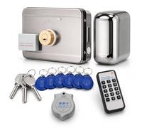 Electric Latch Door Lock | Keyless Entry Stainless Steel Deadbolt with ID Keyfob, Swipe Card and Backup Keys | Secure Electronic Rim Lock for Wooden/Iron Gates, Offices & Homes, Silver