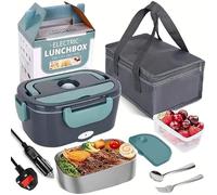 Electric Lunch Box 1.5L, Upgraded 60W Heated Lunch Boxes for Adults, 12V/24V for Car & 110V/240V for Home Food Warmer Lunch Box With Carry Bag Fork Spoon, Leak-Proof, Perfect for Car/Truck/Office