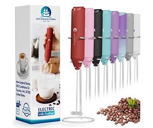 Electric Milk Frother Handheld, Battery Operated Whisk Beater Foam Maker for Coffee, Cappuccino, Latte, Matcha, Hot Chocolate, Mini Drink Mixer, With Stand, Red