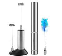 Electric Milk Frother, Handheld Foam Maker, Battery Operated Whisk, Powerful Stainless Steel Foam Maker Beater with Double and Single Spring Whisk Head, Cleaning Brush, Storage Tube and Storage Stand