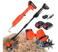 Electric Mini Digging Hoe, Cordless Tiller Cultivator with Telescopic Pole, Hand-Held Micro Tiller for Soil Preparation, Weeding, Grass and Wheat Cutting, 2 Batteries Included