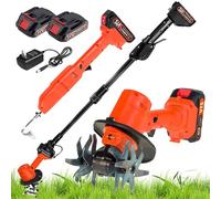 Electric Mini Tiller Cultivator, Cordless Hand-held Weeding Machine with Telescopic Pole and 2 Batteries, 4" Working Width for Gardening