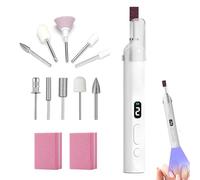 Electric Nail File Cordless with Nail Lamp Adjustable Speed Suitable for Home and Salon Use Contains 5-Pack Grinding Heads, 1 Stainless Steel Nail File and 2 Small Pink Square Sponge Files (White)