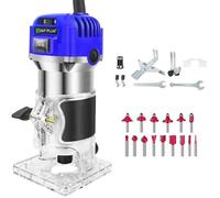 Electric Palm Router Tool, 800W 4000-30000 RPM 6 Variable Speed Wood Router with 15PCS 1/4" Router Bits, Trimmer Base, Wood Trimmer Routers Woodworking, Blue
