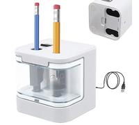 Electric Pencil Sharpener JIJICZ 2 Holes Mains Power USB and Battery Powered Multi Operated Heavy Duty Plug in Automatic Pencil Sharpener with Containwe for Adults Kids Home School White