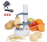 Electric Potato Peeler, Automatic Rotating Apple Peelers with Stainless Steel Detachable Blade, 3 Replacement Blades Included, Kitchen Peeling Machine for Potatoes Carrots White + Battery Compartment