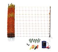 Electric Fence Energiser & Poultry Netting 50m Roll Fencing Battery Powered Controller 10KM Range Chicken Hen Turkey Net Mesh 11 Wires 120cm High 14 Double Spikes Repair Kit Ground Spikes Earth Stake