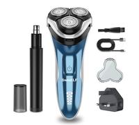 Electric Razor for Men, 120 Min Shaving, Fast UK Adapter (1H Charging),100% Waterproof, Wet & Dry Rotary Shavers for Men with Pop-up Trimmer, LED Display (Blue with Nose Trimmer)
