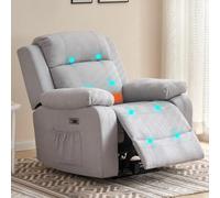 Electric Recliner Armchair with Massage and Heat, Extended Footrest, USB and Type C Ports - Grey Fabric
