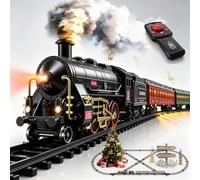 Electric Remote Control Train Set Metal Alloy Steam Locomotive with Glowing Passenger Carriages Smoke, Sound & Light Luxury Tracks Train Christmas Birthday Toy Gift for Boys Kids