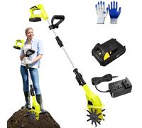 Electric Rototiller with 2000mAh Batteries & Charger, 250RPM Cordless Garden Tiller, Includes Gloves & 2 Blades, 25cm Tilling Depth, Retractable Cultivator