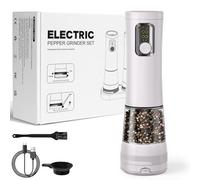 Electric Salt and Pepper Grinder Set, 2 Pack Rechargeable Automatic Pepper Mill with 5-Level Adjustable Coarseness, Display, LED Lighting, Large Capacity,Kitchen Gifts (1, White-A)