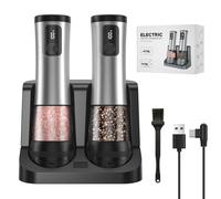 Electric Salt and Pepper Grinder Set, 2 Pack Rechargeable Automatic Pepper Mill, with Charging Base,5-Level, Display, LED Lighting,Large Capacity, Kitchen Gifts (2, Stainless Steel, USB Charging Base)