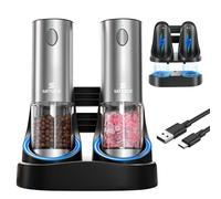 Electric Salt and Pepper Grinder Set, Automatic Pepper Mill Grinder w/Upgraded Charge Base and LED Light,Adjustable Coarseness,Rechargeable Black Peppercorn & Sea Salt Spice Mill Set