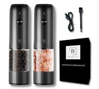 Electric Salt and Pepper Grinder Set of 2 | Automatic One Handed USB Rechargeable with 6 Adjustable Coarseness Levels and LED Lights | Modern Sleek Black | Large Capacity 75mL Mill Grinder | Kitchen