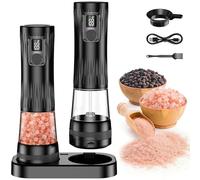 Electric Salt and Pepper Grinder Set Rechargeable Pepper Grinder Mills with Visible Battery Display and LED Light, 5 Level Adjustable Coarseness, One-Handed Easy Operation for Home Kitchen