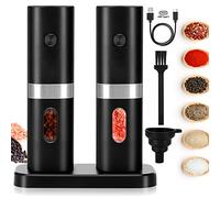 Electric Salt and Pepper Grinder Set, Stainless Steel Pepper Mill, USB Rechargeable, Adjustable Coarseness, Auto Grinders with Charging Base Blue LED Light, One-Handed Operation, Funnel (Black)