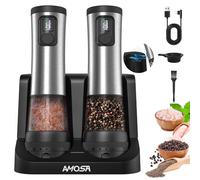 Electric Salt and Pepper Grinder Set, Upgraded 2-Speed Setting, External 5 Adjustable Coarseness, Battery Display Rechargeable Base, Stainless Steel Automatic Salt & Pepper Shakers Mill with LED Light