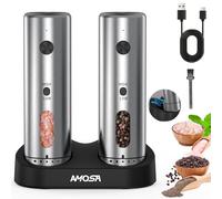 Electric Salt and Pepper Grinder Set, Upgraded 2-Speed Setting, External 6 Adjustable Coarseness, Battery Rechargeable Base, Stainless Steel Automatic Salt & Pepper Shakers Mill with LED Light