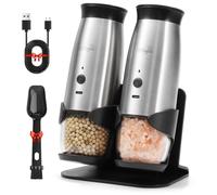 Electric Salt and Pepper Grinder Set with Safe Storage Base, Automatic Mill by Gravity,Adjustable Coarseness with LED,Larger Rechargeable Battery,Easy Filling,2 Pack Kitchen Tools