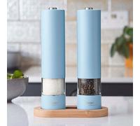Cooks Professional Electric Salt and Pepper Mill Set with Bamboo Base | Battery Operated Automatic Grinders with Adjustable Grinding & One Touch Operation | Condiment Grinder & Stand | Blue