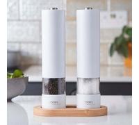 Cooks Professional Electric Salt and Pepper Mill Set with Bamboo Base | White