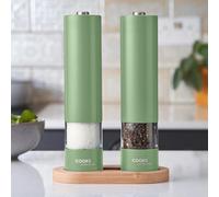 Cooks Professional Electric Salt and Pepper Mill Set with Bamboo Base | Battery Operated Automatic Grinders with Adjustable Grinding & One Touch Operation | Condiment Grinder & Stand | Green