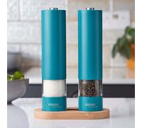 Cooks Professional Electric Salt and Pepper Mill Set with Bamboo Base | Battery Operated Automatic Grinders with Adjustable Grinding & One Touch Operation | Condiment Grinder & Stand | Teal