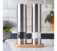 Cooks Professional Electric Salt and Pepper Mill Set with Bamboo Base | Battery Operated Automatic Grinders with Adjustable Grinding & One Touch Operation | Condiment Grinder & Stand | Stainless Steel