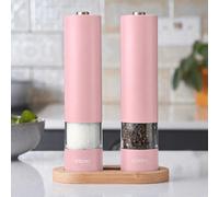 Cooks Professional Electric Salt and Pepper Mill Set with Bamboo Base | Battery Operated Automatic Grinders, Adjustable Grinding & One Touch Operation, Condiment Grinder & Stand | Pink