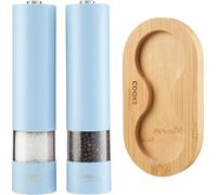 Cooks Professional Electric Salt and Pepper Mill Set with Bamboo Base | Battery Operated Automatic Grinders with Adjustable Grinding & One Touch Operation | Condiment Grinder & Stand | Blue