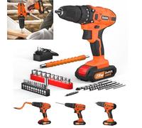 Electric Screwdriver 21V Cordless Battery Drill with 2 Batteries, 2 Variable Speed 0-400/0-1400rpm, 29pcs Electric Screwdriver Set, LED Work Light, 3/8" Chuck, 25+1 Torque Setting, Orange