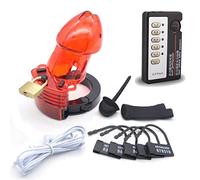 Electric Shock Male Cock Cage Chastity Device Penis Cage Chastity Belt with Different Sizes Cock Rings Sex Toys for Men (Red)