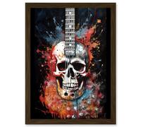 Electric Skull Guitar Death Metal Music Concept Splatter Art Modern Acrylic Painting Artwork Framed Wall Art Print A4 Artery8 Brown One Size