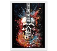 Electric Skull Guitar Death Metal Music Concept Splatter Art Modern Acrylic Painting Artwork Framed Wall Art Print A4 Artery8 White One Size